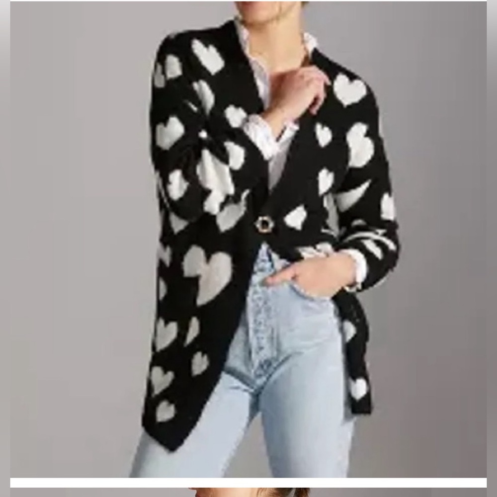 Anthropologie Maeve Halley Hearts Cardigan In Black/White | Size M/L oversized - Picture 4 of 16